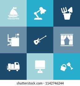 Modern, simple vector icon set on colorful blue backgrounds with furniture, sand, home, lamp, plastic, desk, musical, internet, toy, table, space, pc, curtain, wind, beach, background, computer icons