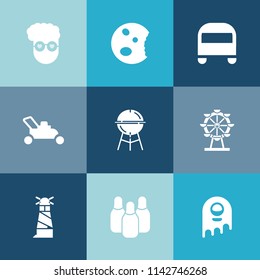 Modern, simple vector icon set on colorful blue backgrounds with bbq, wheel, bus, cone, fashion, grass, graphic, ufo, bakery, ball, lighthouse, monster, dessert, meat, sport, barbecue, bowling icons