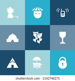 Modern, simple vector icon set on colorful blue backgrounds with food, support, person, connection, hot, cup, sign, travel, pot, spring, cream, glass, van, happy, flower, communication, smile icons