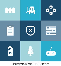 Modern, simple vector icon set on colorful blue backgrounds with wooden, internet, shipping, play, vehicle, newspaper, key, hotel, fence, graphic, package, fun, news, game, transportation, truck icons