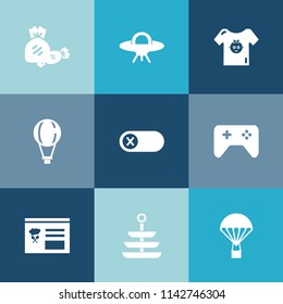 Modern, simple vector icon set on colorful blue backgrounds with ufo, space, science, kid, galaxy, air, game, cute, play, off, spaceship, technology, fly, clothes, fashion, energy, alien, boy icons