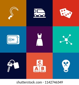 Modern, simple vector icon set on colorful flat backgrounds with toy, play, farming, travel, luck, gambling, dice, chance, automobile, fashion, gardening, agriculture, win, female, technology icons