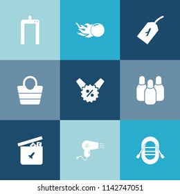 Modern, simple vector icon set on colorful blue backgrounds with star, plane, bag, ship, sailboat, leather, scanner, sign, accessory, white, sport, toy, fashion, xray, diagnostic, modern, flight icons