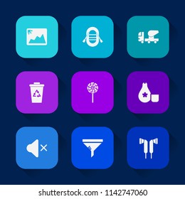 Modern, simple vector icon set on colorful long shadow backgrounds with cement, sound, frame, audio, filter, music, sailboat, air, clean, paper, mute, recycling, trash, industrial, recycle, old icons.