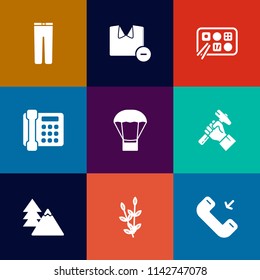 Modern, simple vector icon set on colorful flat backgrounds with lunch, white, call, hygiene, builder, harvest, construction, clothes, communication, agriculture, sign, chinese, clean, tree, man icons