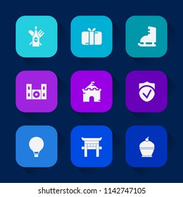 Modern, simple vector icon set on colorful long shadow backgrounds with japan, ice, winter, cinema, box, extreme, sport, glass, red, architecture, castle, winery, food, present, gift, shrine icons.
