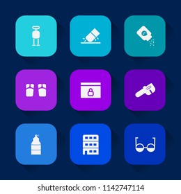 Modern, simple vector icon set on colorful long shadow backgrounds with science, robotic, eyeglasses, eraser, house, eye, care, machine, baby, container, education, summer, skin, erasing, beach icons.