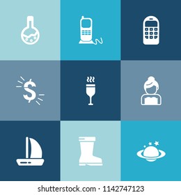 Modern, simple vector icon set on colorful blue backgrounds with business, lab, wind, style, technology, mobile, wedding, footwear, office, boat, dollar, alcohol, love, phone, medicine, globe icons