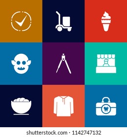 Modern, simple vector icon set on colorful flat backgrounds with cream, fiction, care, strawberry, equipment, space, dish, engineering, container, check, brush, instrument, empty, truck, package icons