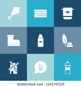 Modern, simple vector icon set on colorful blue backgrounds with leisure, pen, phone, cheeseburger, cloth, wind, aroma, happy, footwear, kite, mill, snack, perfume, ringing, food, white, summer icons