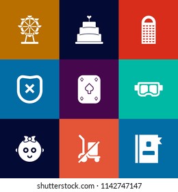 Modern, simple vector icon set on colorful flat backgrounds with summer, mask, fun, protection, sea, food, bakery, business, shipping, poker, telephone, water, park, game, baby, play, security icons