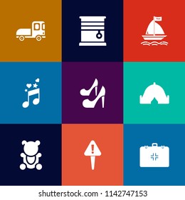 Modern, simple vector icon set on colorful flat backgrounds with medical, sign, home, girl, wind, transport, bear, curtain, note, female, exclamation, camp, high, fluffy, room, travel, sound icons