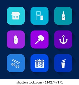 Modern, simple vector icon set on colorful long shadow backgrounds with work, nutrition, liquid, ping, home, day, workplace, fish, concept, cup, seafood, object, anchor, graphic, office, eating icons.