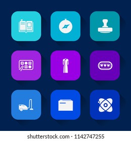 Modern, simple vector icon set on colorful long shadow backgrounds with dentist, business, post, female, travel, space, food, sign, compass, stamp, fashion, textbook, health, file, literature icons.