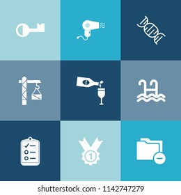 Modern, simple vector icon set on colorful blue backgrounds with document, red, lock, dna, drink, dryer, medicine, hammer, glass, folder, saw, medical, file, equipment, hair, security, key, wine icons