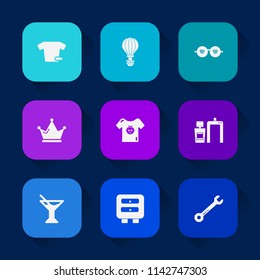 Modern, simple vector icon set on colorful long shadow backgrounds with boho, summer, xray, luxury, royal, skydiver, fashion, extreme, kid, baby, machine, hammer, fly, parachute, equipment, sky icons.