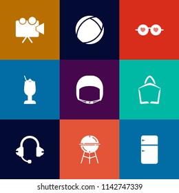 Modern, simple vector icon set on colorful flat backgrounds with fridge, light, cooking, worker, hippie, work, , video, barbecue, speaker, helmet, object, belt, fashion, bbq, projection, music icons