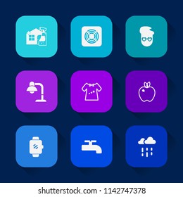 Modern, simple vector icon set on colorful long shadow backgrounds with child, ventilator, old, style, rain, rainy, screen, crane, wet, fashion, electric, technology, decoration, lamp, cooling icons.