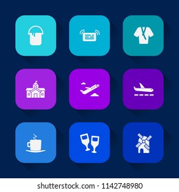 Modern, simple vector icon set on colorful long shadow backgrounds with cafe, alcohol, man, coffee, home, decoration, work, house, power, electricity, architecture, clothes, paint, travel, cup icons.