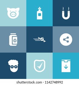 Modern, simple vector icon set on colorful blue backgrounds with jam, water, web, piglet, flight, energy, science, container, jar, pig, airplane, agriculture, fashion, pork, graphic, retro, sign icons