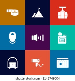 Modern, simple vector icon set on colorful flat backgrounds with tram, map, train, urban, location, volume, sound, hairdryer, sign, adhesive, vacation, cooking, blow, travel, mountain, sticky icons