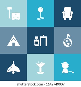 Modern, simple vector icon set on colorful blue backgrounds with planet, tent, adventure, table, earth, armchair, breakfast, globe, summer, alcohol, machine, chair, home, bar, hot, space, room icons