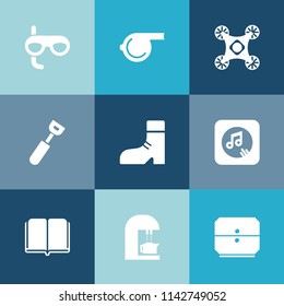 Modern, simple vector icon set on colorful blue backgrounds with underwater, vehicle, equipment, drawer, referee, textbook, cafe, cooking, footwear, radio, tool, education, control, coffee, game icons