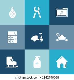 Modern, simple vector icon set on colorful blue backgrounds with house, tool, online, sport, tropical, winter, real, garden, business, skating, estate, accounting, bike, healthy, pineapple, food icons