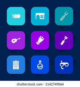 Modern, simple vector icon set on colorful long shadow backgrounds with dinner, guitar, sound, laboratory, top, desk, equipment, scuba, blossom, musical, office, mask, flower, meal, tool, comet icons.