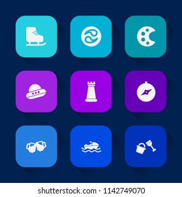 Modern, simple vector icon set on colorful long shadow backgrounds with japan, sport, cold, beer, alcohol, technology, spaceship, bar, shovel, spacecraft, drawing, ice, pub, chess, activity icons.