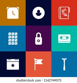 Modern, simple vector icon set on colorful flat backgrounds with security, contact, minute, celebration, lock, flag, candy, nation, razor, watch, avatar, speed, user, time, america, event, phone icons