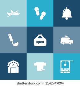 Modern, simple vector icon set on colorful blue backgrounds with fashion, natural, ring, ladle, farming, travel, footwear, bucket, clothes, open, alert, stone, no, sound, slipper, old, staple icons