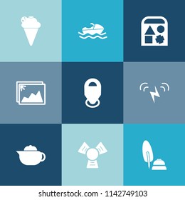 Modern, simple vector icon set on colorful blue backgrounds with frame, boat, transportation, cold, cone, tea, photo, dessert, location, sea, vessel, toy, ball, ink, map, strawberry, cooler, pen icons