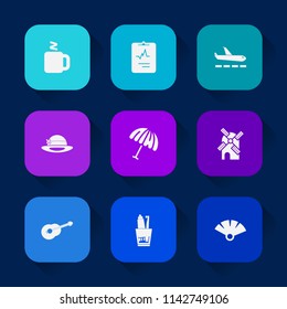 Modern, simple vector icon set on colorful long shadow backgrounds with heart, airport, musical, guitar, medicine, traditional, travel, toothpaste, cup, sensu, health, parasol, energy, sign icons.