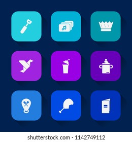 Modern, simple vector icon set on colorful long shadow backgrounds with drink, art, bird, bottle, royal, creative, baby, video, file, location, paper, kitchen, spoon, origami, document, dinner icons.
