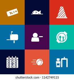 Modern, simple vector icon set on colorful flat backgrounds with tourism, airplane, xray, game, journey, sport, travel, meat, ticket, soccer, scan, food, timetable, mail, ball, machine, child icons