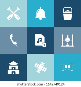 Modern, simple vector icon set on colorful blue backgrounds with alarm, ring, sign, sea, rowing, file, orbit, science, pagoda, planet, temple, research, call, oar, white, technology, travel, add icons