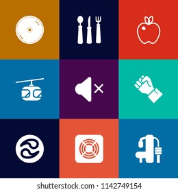 Modern, simple vector icon set on colorful flat backgrounds with train, fan, organic, japanese, hand, disk, ripe, leaf, sign, kitchen, compact, food, knife, air, fitness, sport, rail, mon, fruit icons