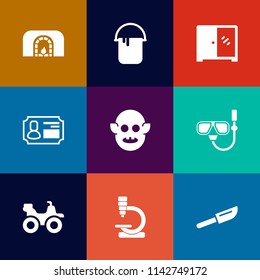 Modern, simple vector icon set on colorful flat backgrounds with fiction, business, id, wall, sea, painter, home, red, road, room, microscope, paint, restaurant, house, alien, holiday, bike, ufo icons