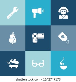 Modern, simple vector icon set on colorful blue backgrounds with cake, construction, camera, photo, boiler, screwdriver, kimono, tool, hippie, communication, hammer, geisha, technology, home icons