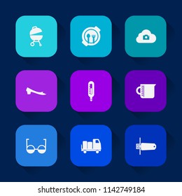 Modern, simple vector icon set on colorful long shadow backgrounds with delivery, sport, lunch, table, web, thermometer, sign, memory, eyeglasses, fun, equipment, kid, sausage, glass, flash icons.