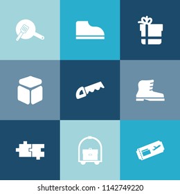 Modern, simple vector icon set on colorful blue backgrounds with silhouette, work, pan, top, style, foot, ticket, box, kitchen, room, white, sport, pot, fashion, footwear, gift, package, element icons