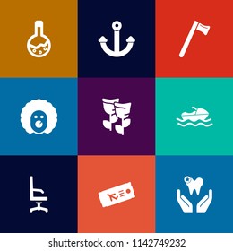 Modern, simple vector icon set on colorful flat backgrounds with medicine, comfortable, flight, spring, airplane, vessel, spanner, nautical, equipment, character, home, interior, technology, lab icons