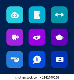 Modern, simple vector icon set on colorful long shadow backgrounds with food, drink, face, web, smile, chat, care, fitness, ringing, internet, cloud, dumbbell, telephone, document, office, file icons.