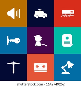 Modern, simple vector icon set on colorful flat backgrounds with cooling, cute, game, pot, sound, teapot, identity, unlock, kid, retro, tape, cup, music, little, childhood, up, house, toy, child icons