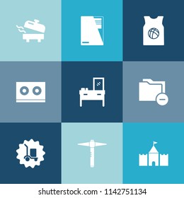 Modern, simple vector icon set on colorful blue backgrounds with kitchen, household, vintage, data, cabinet, heater, document, basketball, clothing, modern, business, storage, boiler, tower, web icons