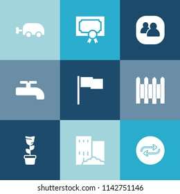 Modern, simple vector icon set on colorful blue backgrounds with wall, pot, certificate, flag, people, replace, pram, communication, water, baby, diploma, concept, kid, barrier, carriage, frame icons