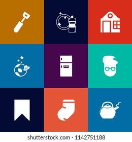 Modern, simple vector icon set on colorful flat backgrounds with kettle, fashion, winter, home, architecture, kitchen, city, refrigerator, galaxy, freezer, clothes, broom, food, restaurant, real icons