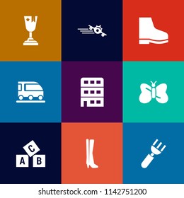 Modern, simple vector icon set on colorful flat backgrounds with aircraft, transport, achievement, vehicle, white, winner, spoon, insect, place, award, travel, house, car, transportation, nature icons