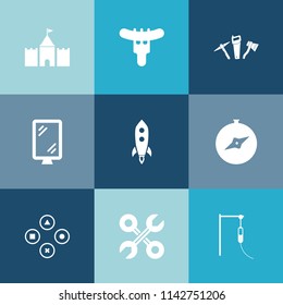 Modern, simple vector icon set on colorful blue backgrounds with element, eat, tool, medicine, food, road, play, compass, hammer, billboard, repair, game, fast, rocket, dinner, tower, industrial icons